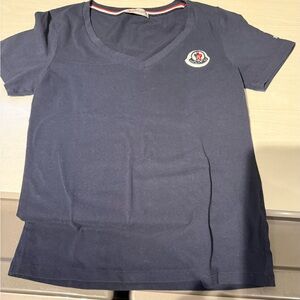 Moncler Dark Blue V-Neck Tee with Logo